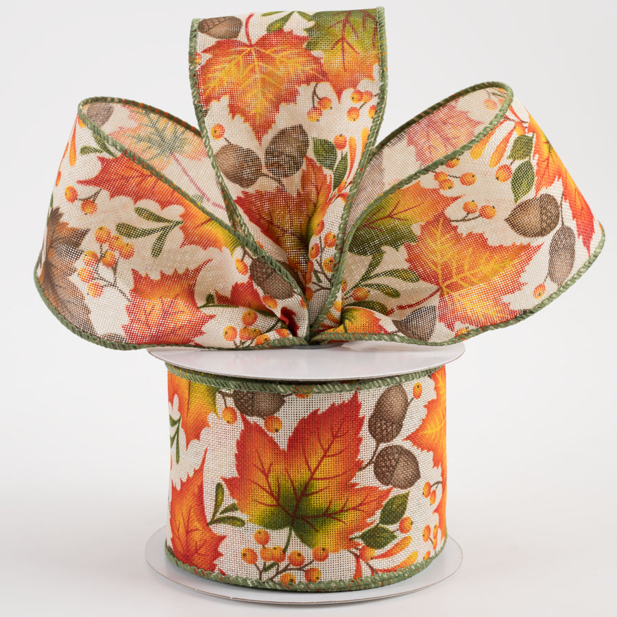 2.5" Linen Brown Fall Leaves Ribbon: Ivory (10 Yards)