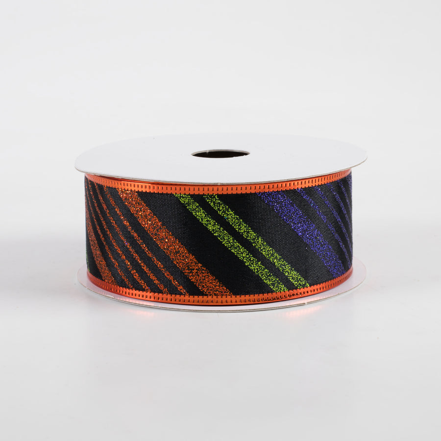 1.5" Metallic Edge Halloween Glitter Diagonal Stripes Ribbon (10 Yards)
