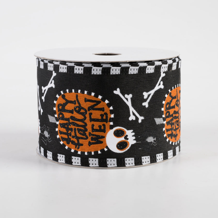 2.5" Stripe Edge Happy Halloween Pumpkin Skull Ribbon: Black (10 Yards)
