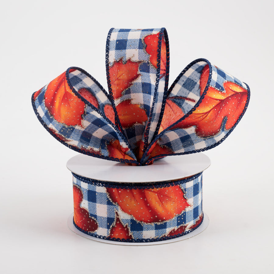 1.5" Fall Leaves on Blue Checks Ribbon (10 Yards)