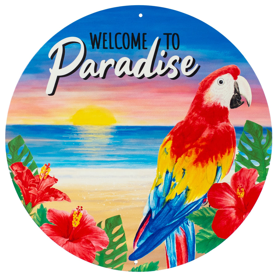 12" Metal Sign: Welcome To Paradise Parrot