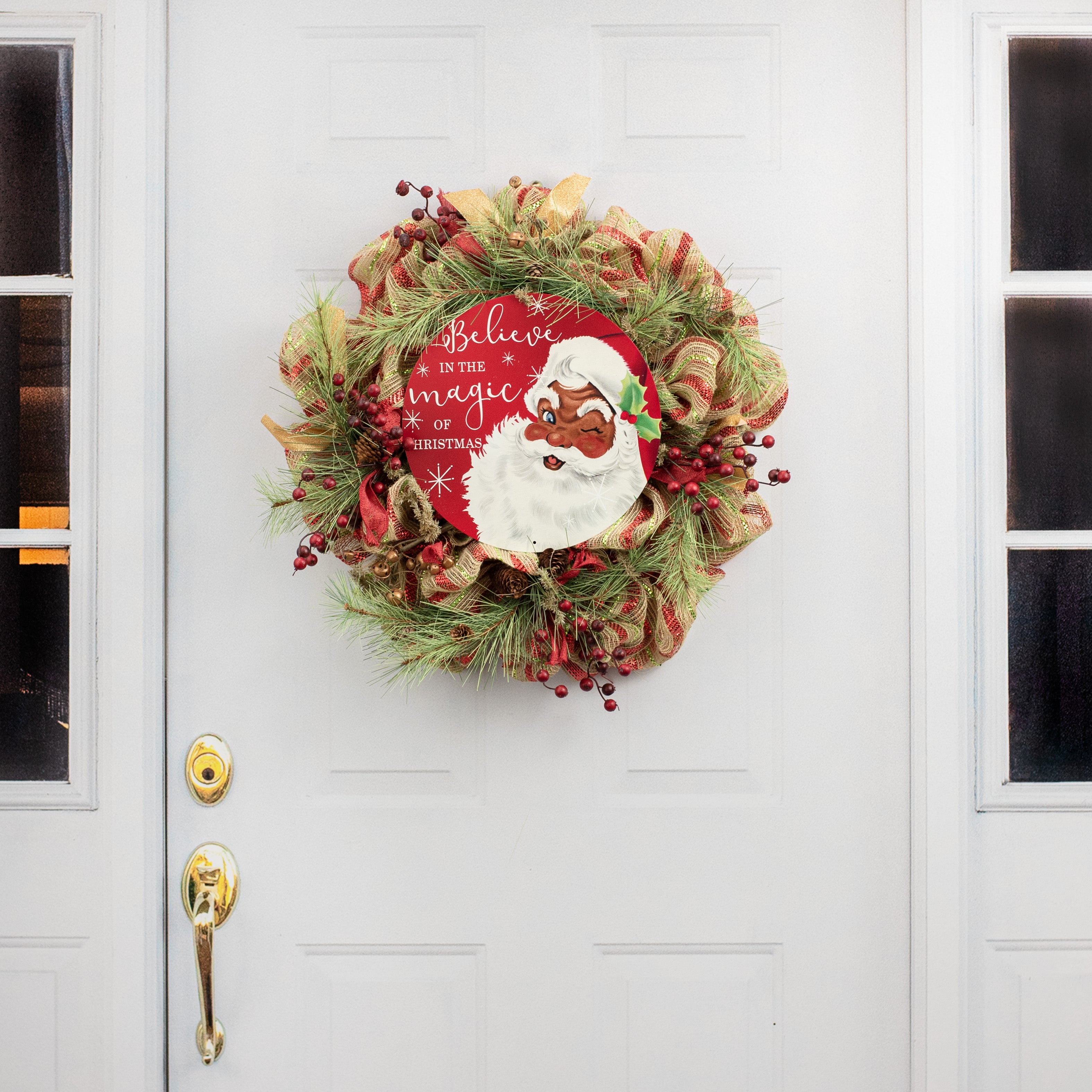 12" Round Metal Sign: Brown Santa Believe