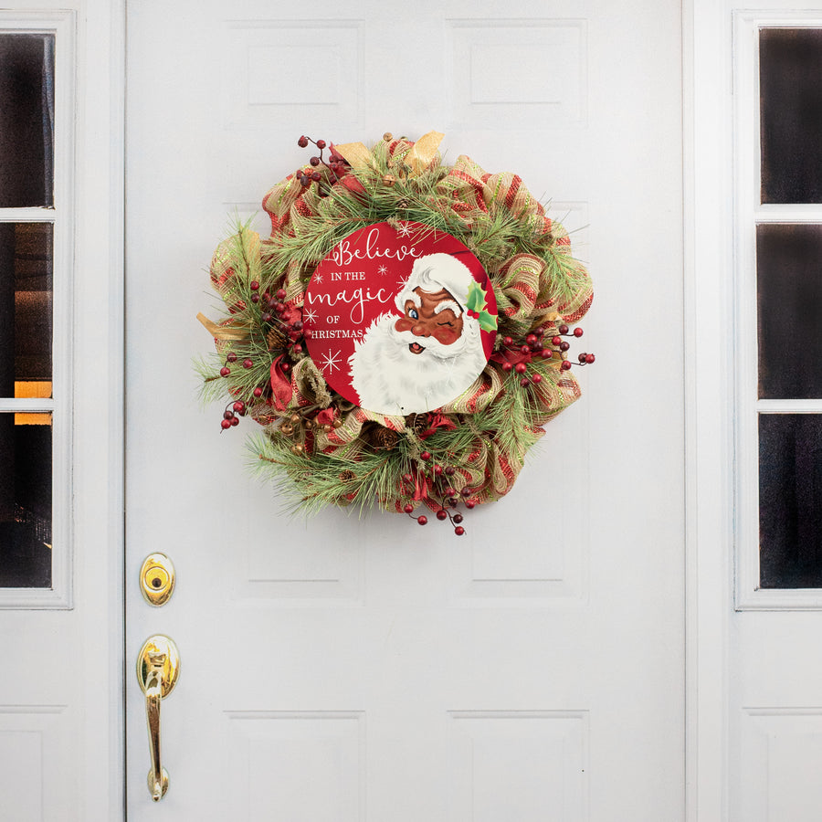 12" Round Metal Sign: Brown Santa Believe
