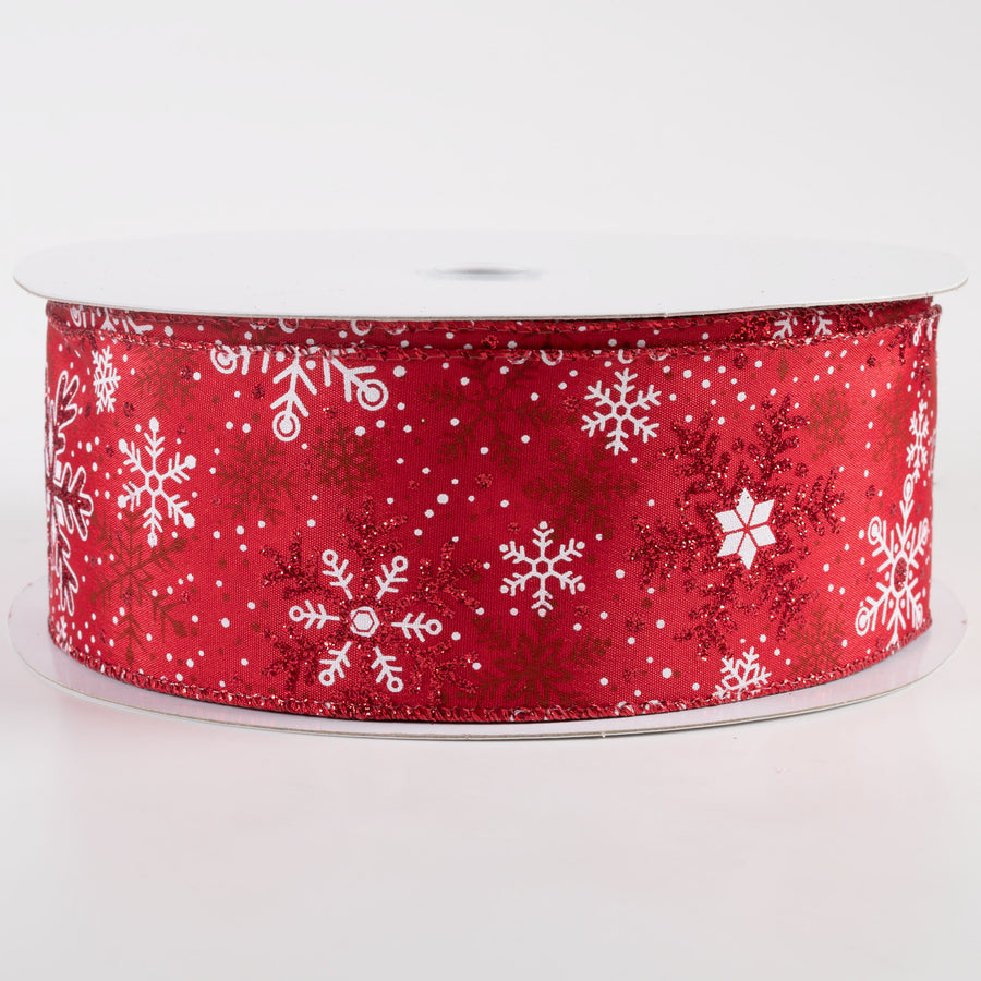 2.5" Red Glittered White Snowflakes Satin Ribbon: Red (50 Yards)