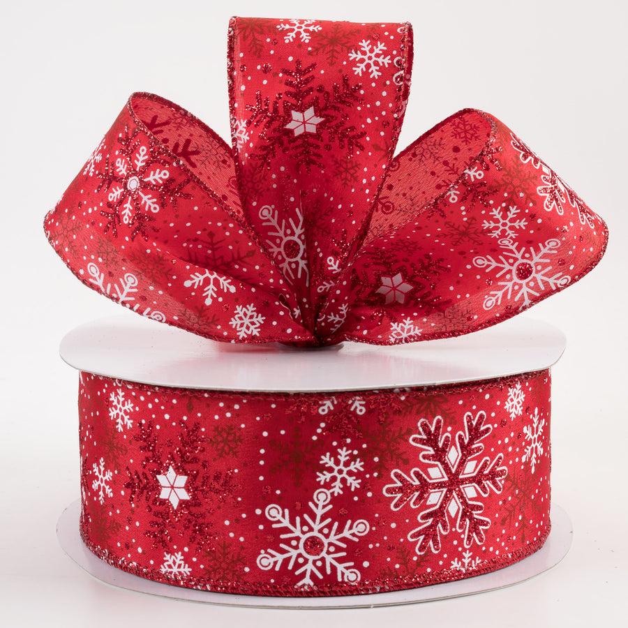 2.5" Red Glittered White Snowflakes Satin Ribbon: Red (50 Yards)