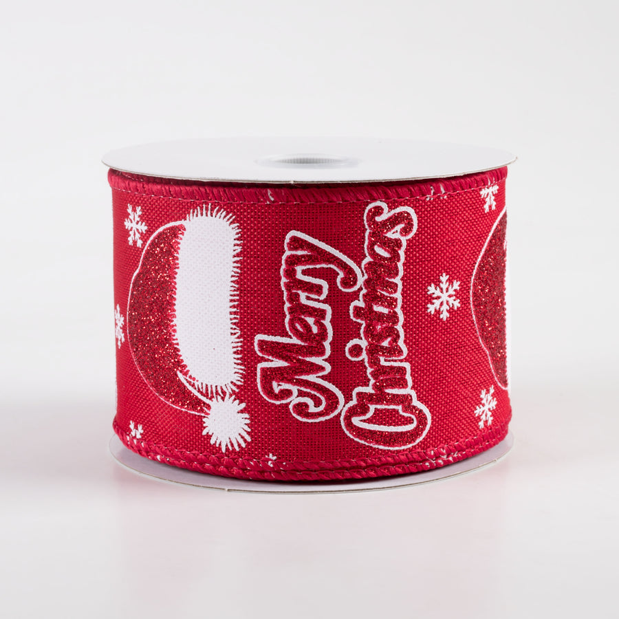 2.5" Linen Santa Hat Merry Christmas Ribbon: Red (10 Yards)