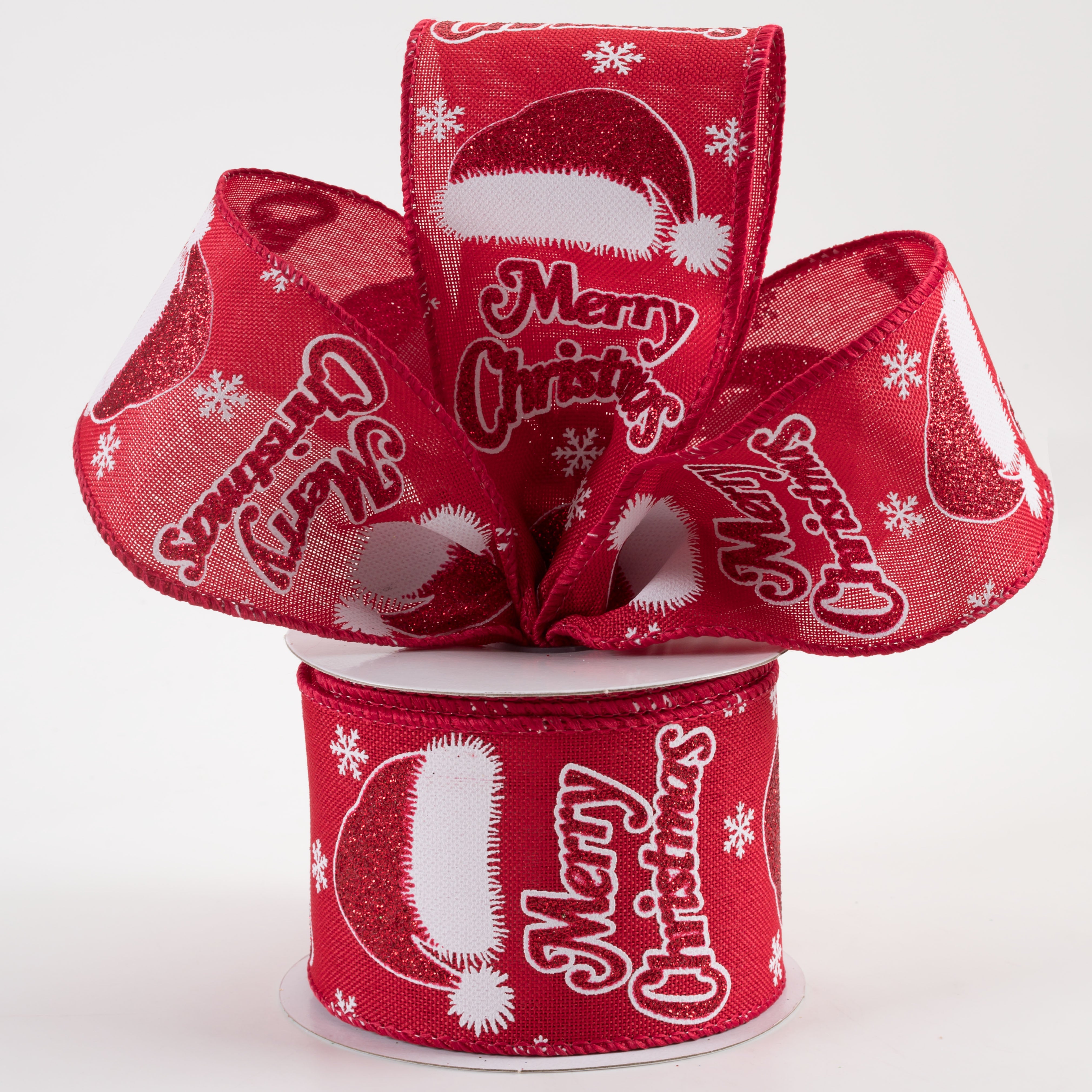 2.5" Linen Santa Hat Merry Christmas Ribbon: Red (10 Yards)