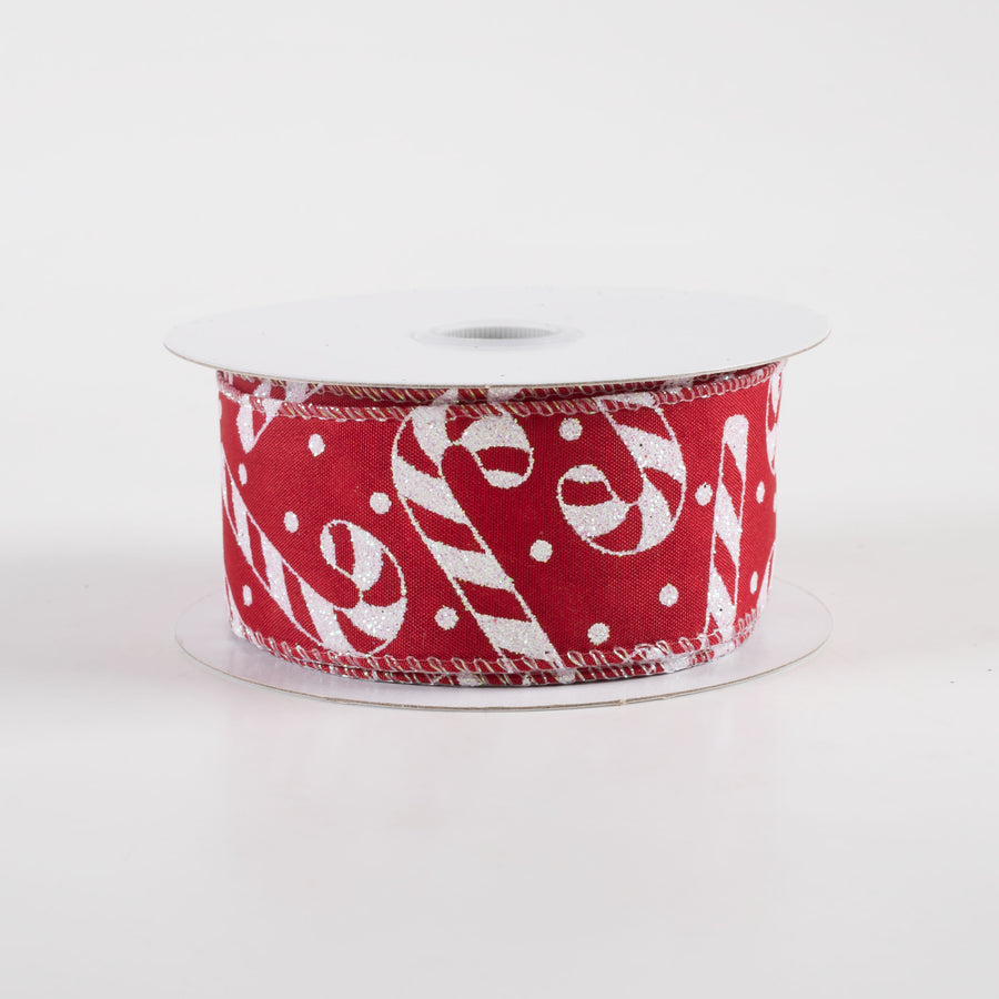 1.5" Satin Iridescent Glitter Candy Cane & Dots Ribbon: Dark Red (10 Yards)