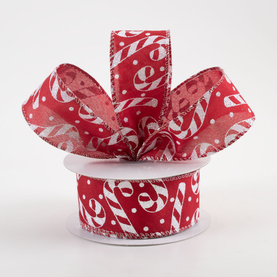 1.5" Satin Iridescent Glitter Candy Cane & Dots Ribbon: Dark Red (10 Yards)