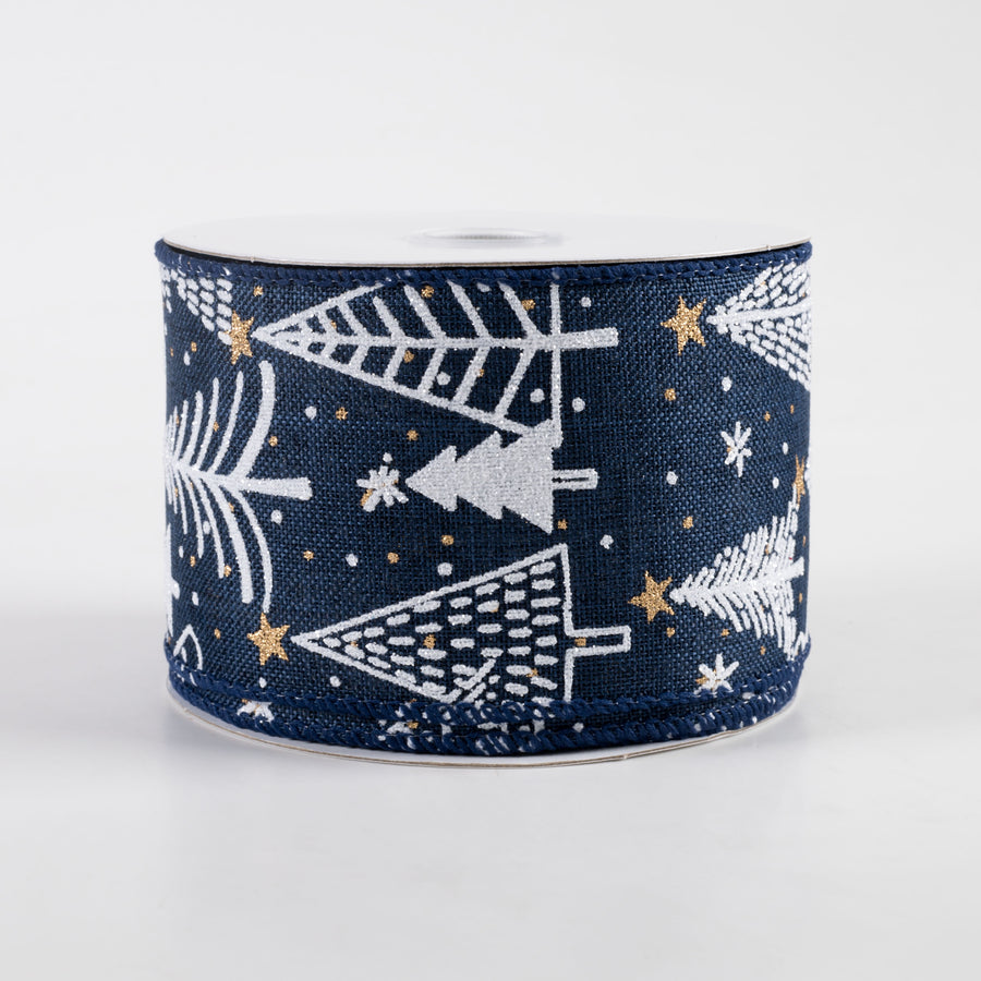 2.5" Linen White Christmas Trees & Dots Ribbon: Navy (10 Yards)