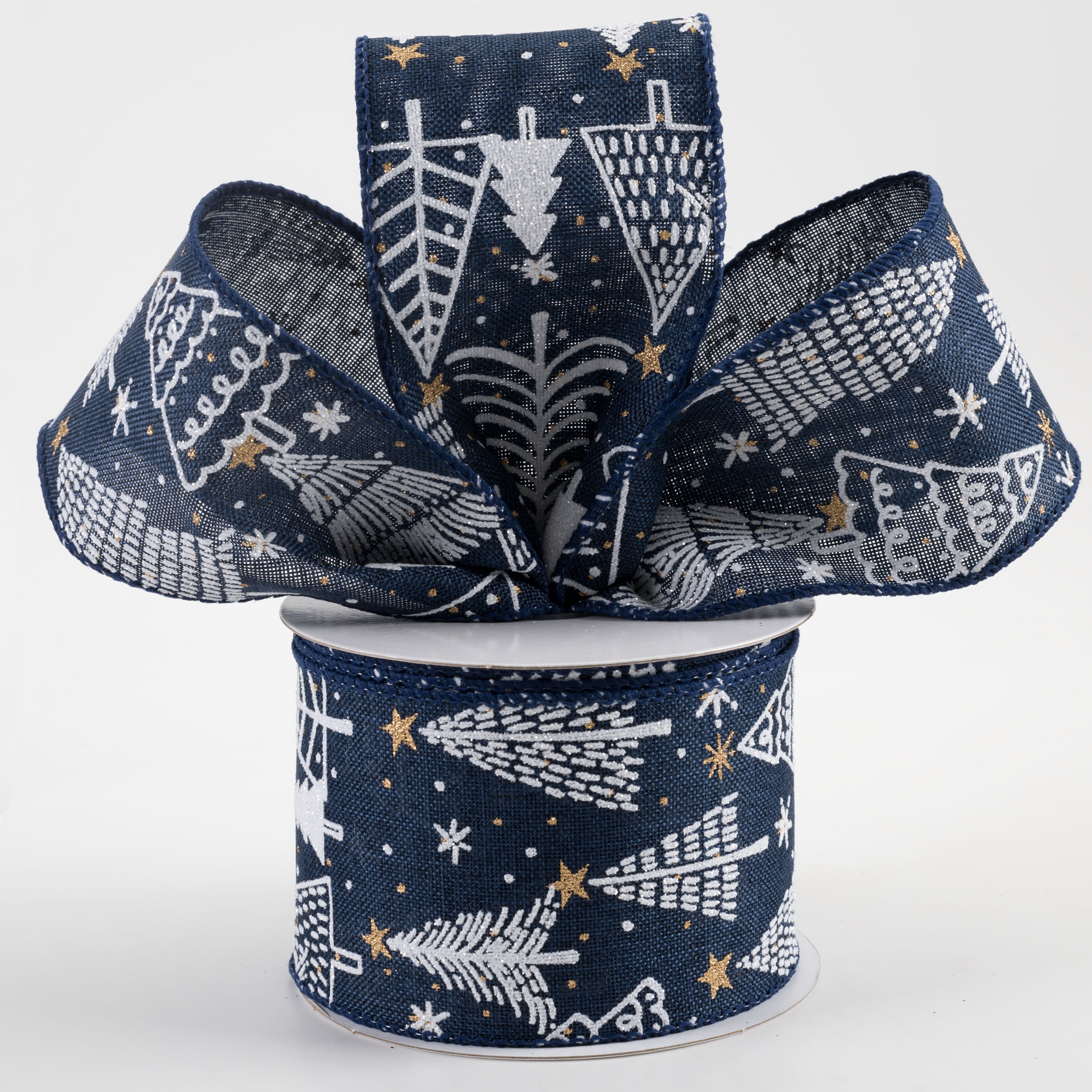 2.5" Linen White Christmas Trees & Dots Ribbon: Navy (10 Yards)