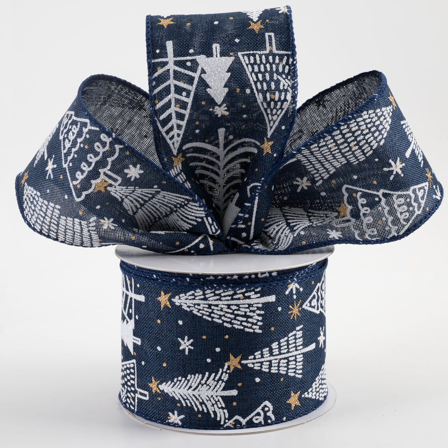 2.5" Linen White Christmas Trees & Dots Ribbon: Navy (10 Yards)