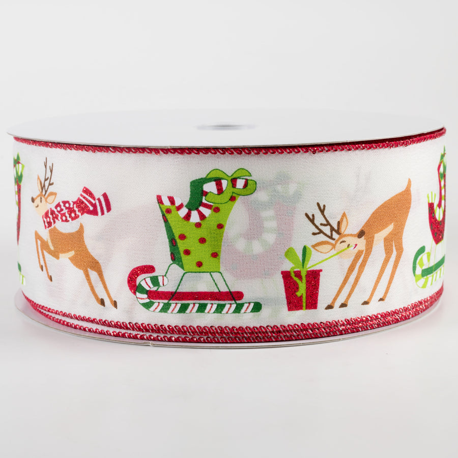 2.5" Satin Santa Sleigh & Reindeer Ribbon: Ivory (50 Yards)