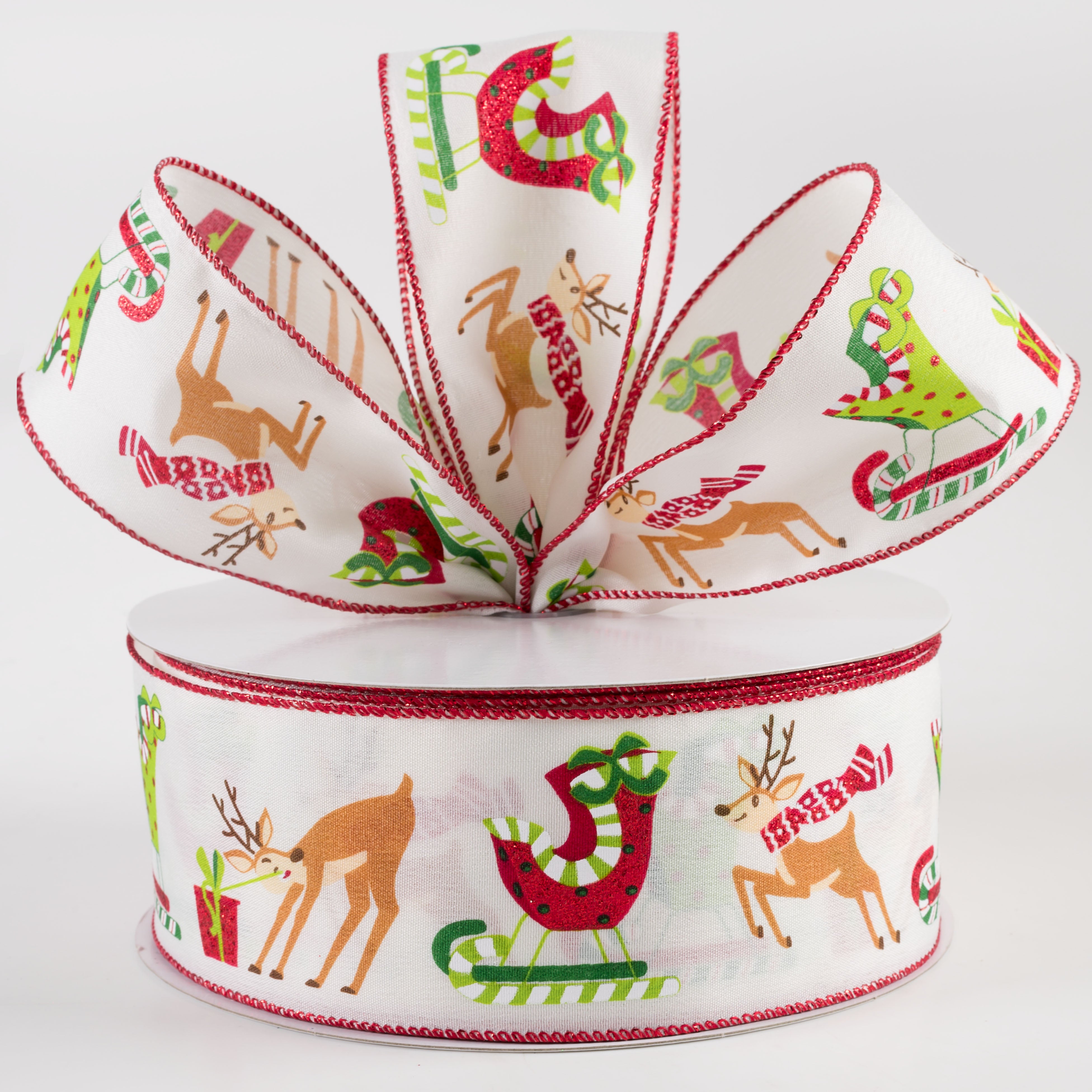 2.5" Satin Santa Sleigh & Reindeer Ribbon: Ivory (50 Yards)