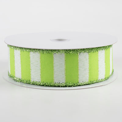 1.5" Linen Stripes Tinsel Edge Ribbon: Lime & White (10 Yards)