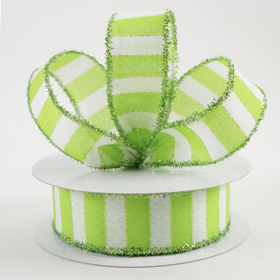 1.5" Linen Stripes Tinsel Edge Ribbon: Lime & White (10 Yards)