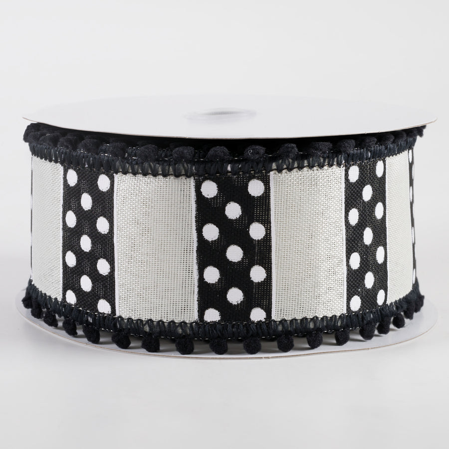 2.5" Linen Stripes & Dots Pom Pom Edge Ribbon: Black & White (10 Yards)