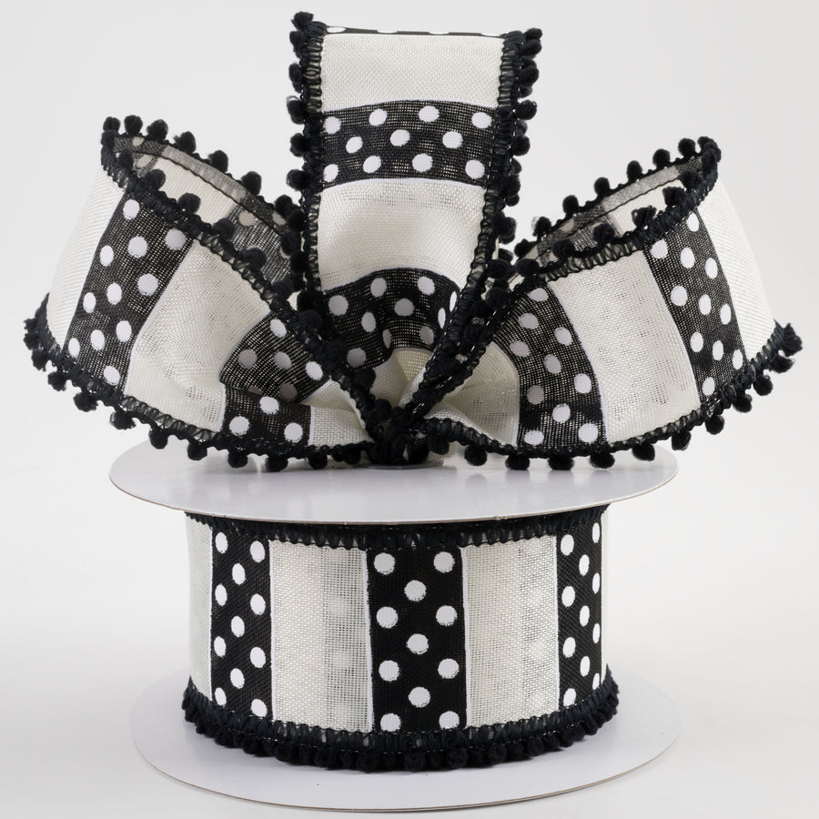 2.5" Linen Stripes & Dots Pom Pom Edge Ribbon: Black & White (10 Yards)