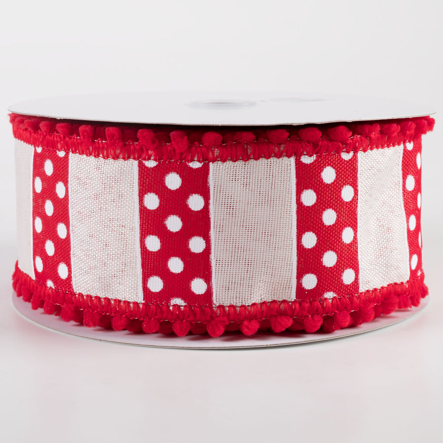 2.5" Linen Stripes & Dots Pom Pom Edge Ribbon: Red & White (10 Yards)
