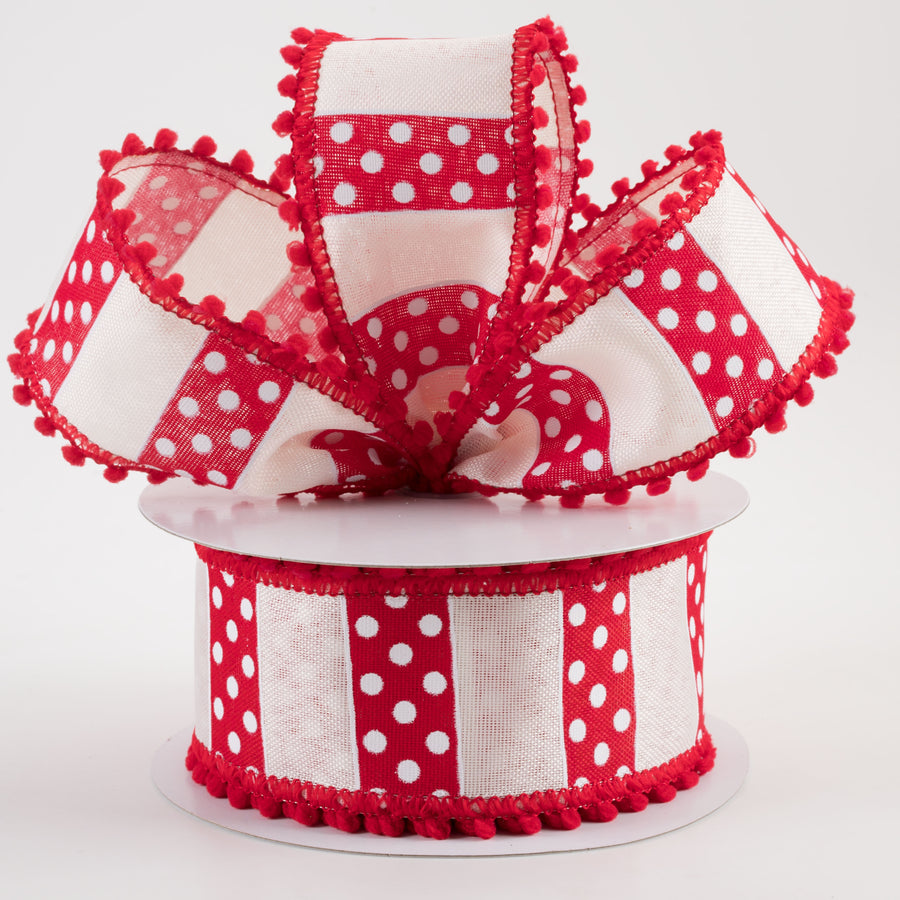 2.5" Linen Stripes & Dots Pom Pom Edge Ribbon: Red & White (10 Yards)