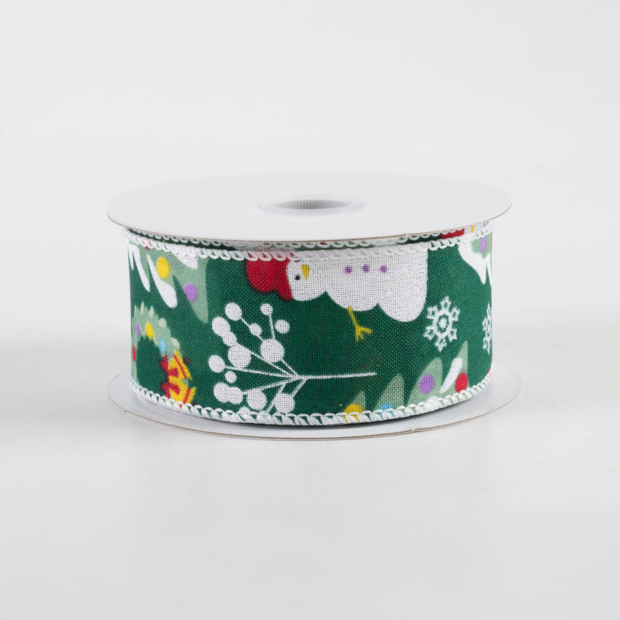 1.5" Linen Snowman, Christmas Wreath, Tree Ribbon: Green (10 Yards)