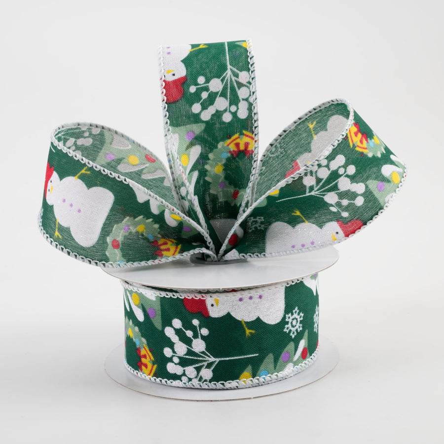 1.5" Linen Snowman, Christmas Wreath, Tree Ribbon: Green (10 Yards)