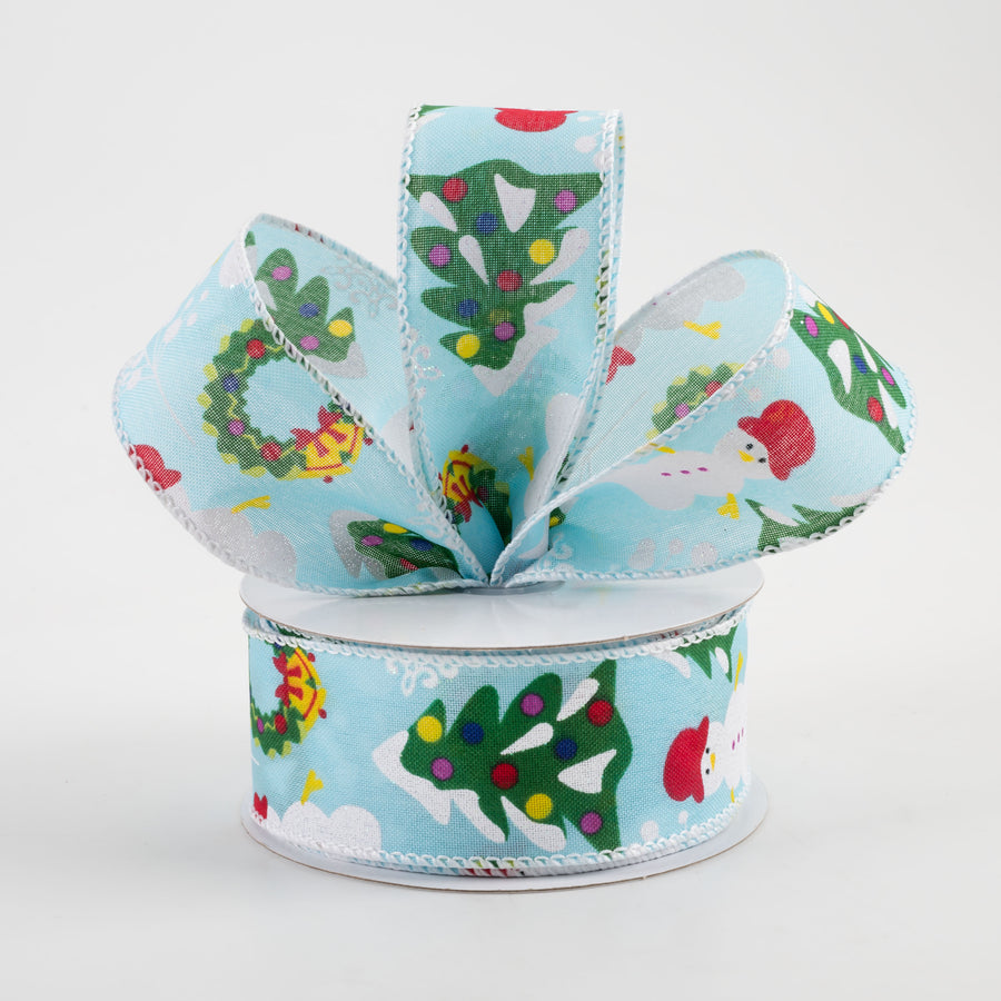 1.5" Linen Snowman, Christmas Wreath, Tree Ribbon: Aqua (10 Yards)
