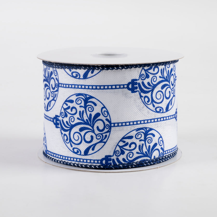 2.5" Linen Porcelain Ornaments Ribbon: Blue & White (10 Yards)
