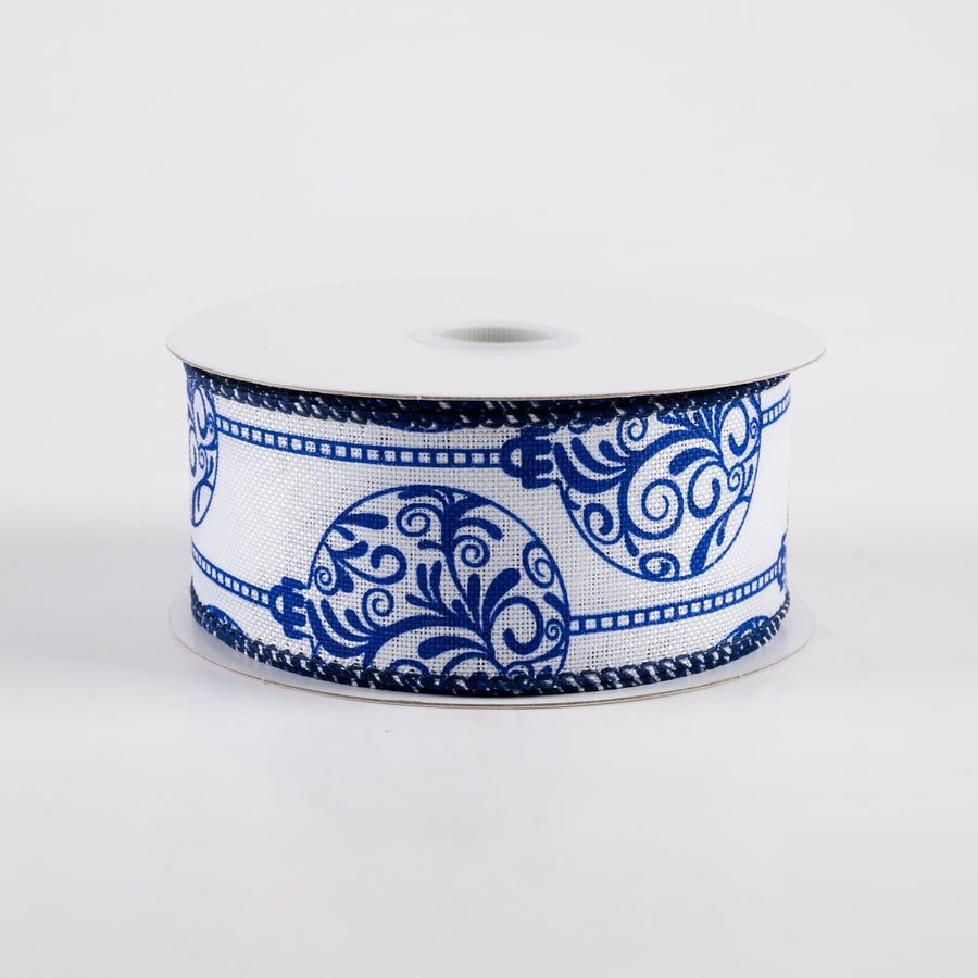 1.5" Linen Porcelain Ornaments Ribbon: Blue & White (10 Yards)