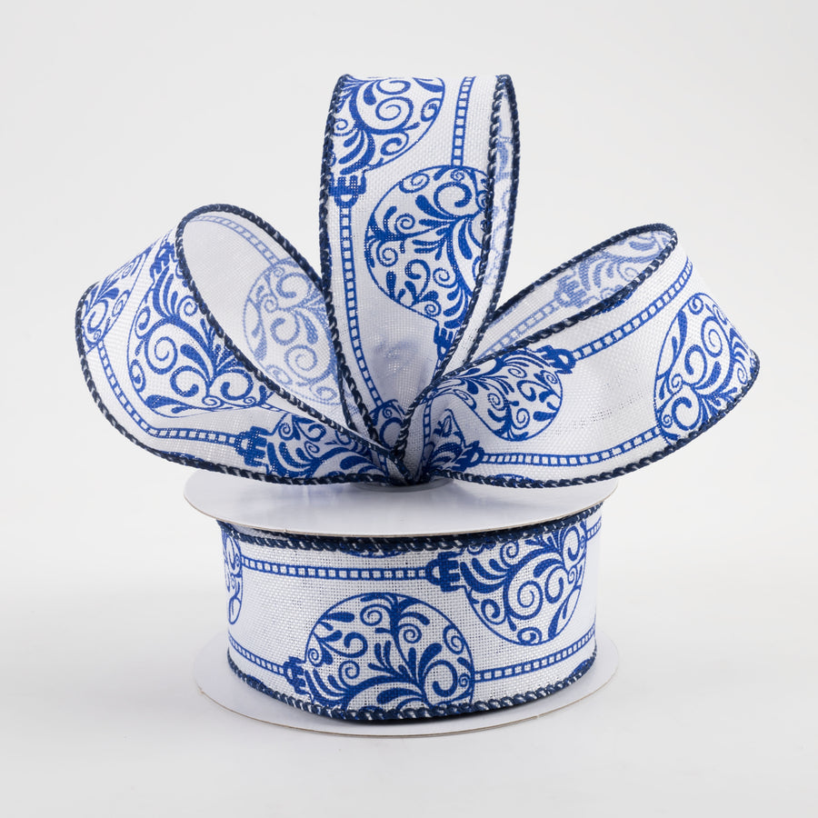 1.5" Linen Porcelain Ornaments Ribbon: Blue & White (10 Yards)