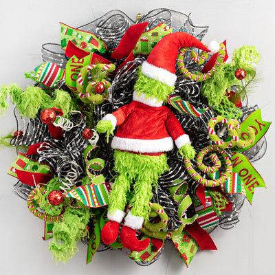 21" Furry Green Monster Santa Elf Accent