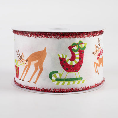 2.5" Satin Santa Sleigh, Reindeer, Tinsel Edge Ribbon: Ivory (10 Yards)
