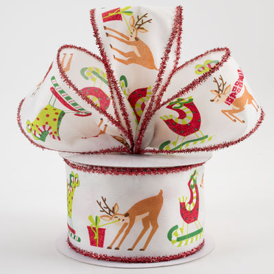 2.5" Satin Santa Sleigh, Reindeer, Tinsel Edge Ribbon: Ivory (10 Yards)