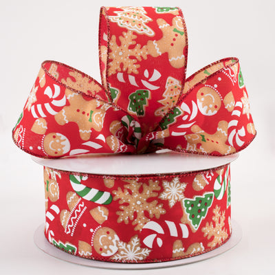 2.5" Gingerbread Cookies Candy Cane Ribbon: Red (50 Yards)