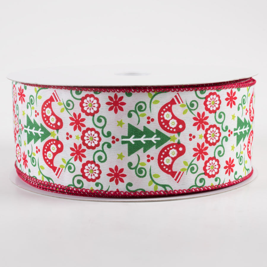 2.5" Satin Christmas Tree Birds Damask Ribbon: Red & Green (50 Yards)
