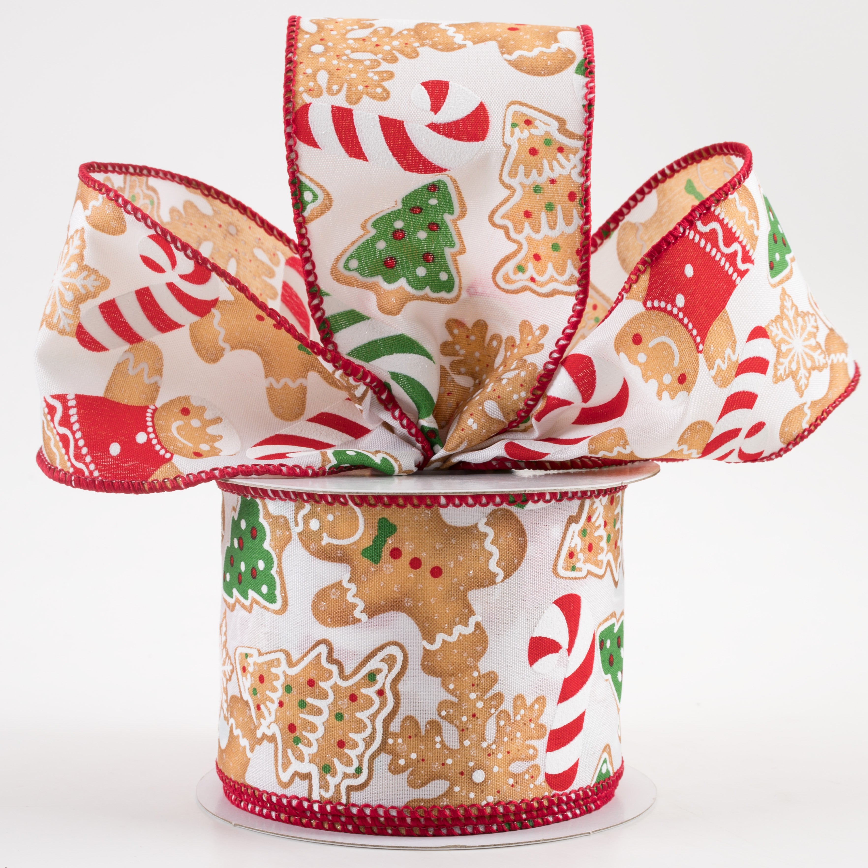 2.5" Gingerbread Cookies Candy Cane Ribbon: White (10 Yards)