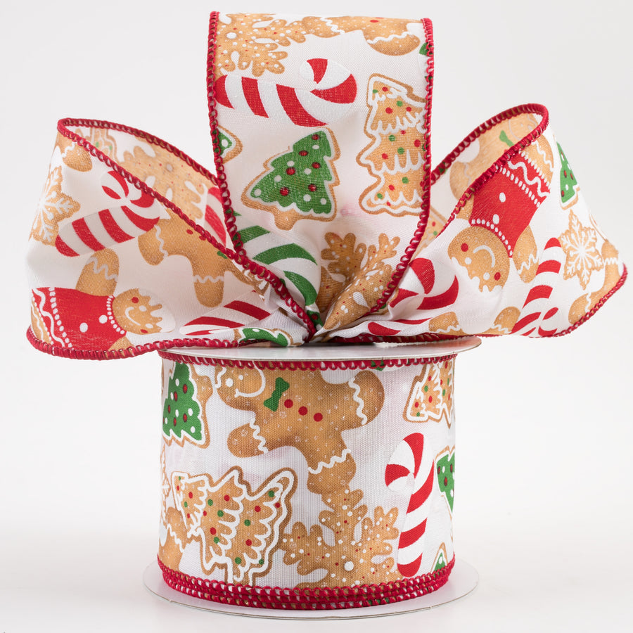 2.5" Gingerbread Cookies Candy Cane Ribbon: White (10 Yards)