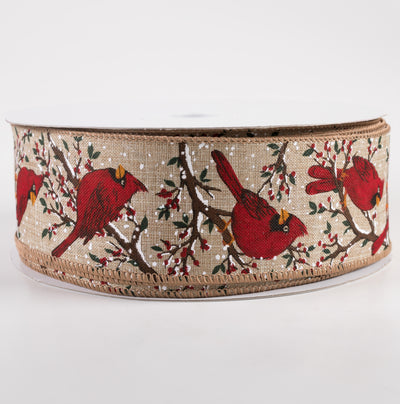 2.5" Linen Cardinals Snowy Tree Branches Ribbon: Natural (50 Yards)