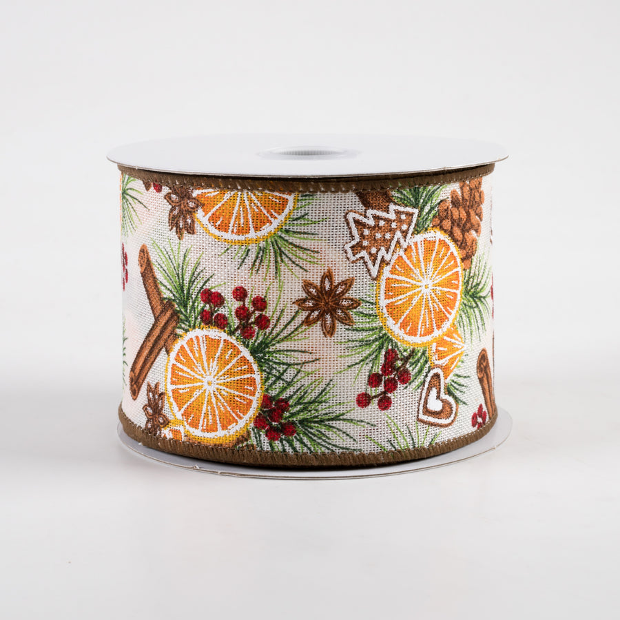 2.5" Linen Holly, Dried Orange, Cinnamon Ribbon (10 Yards)