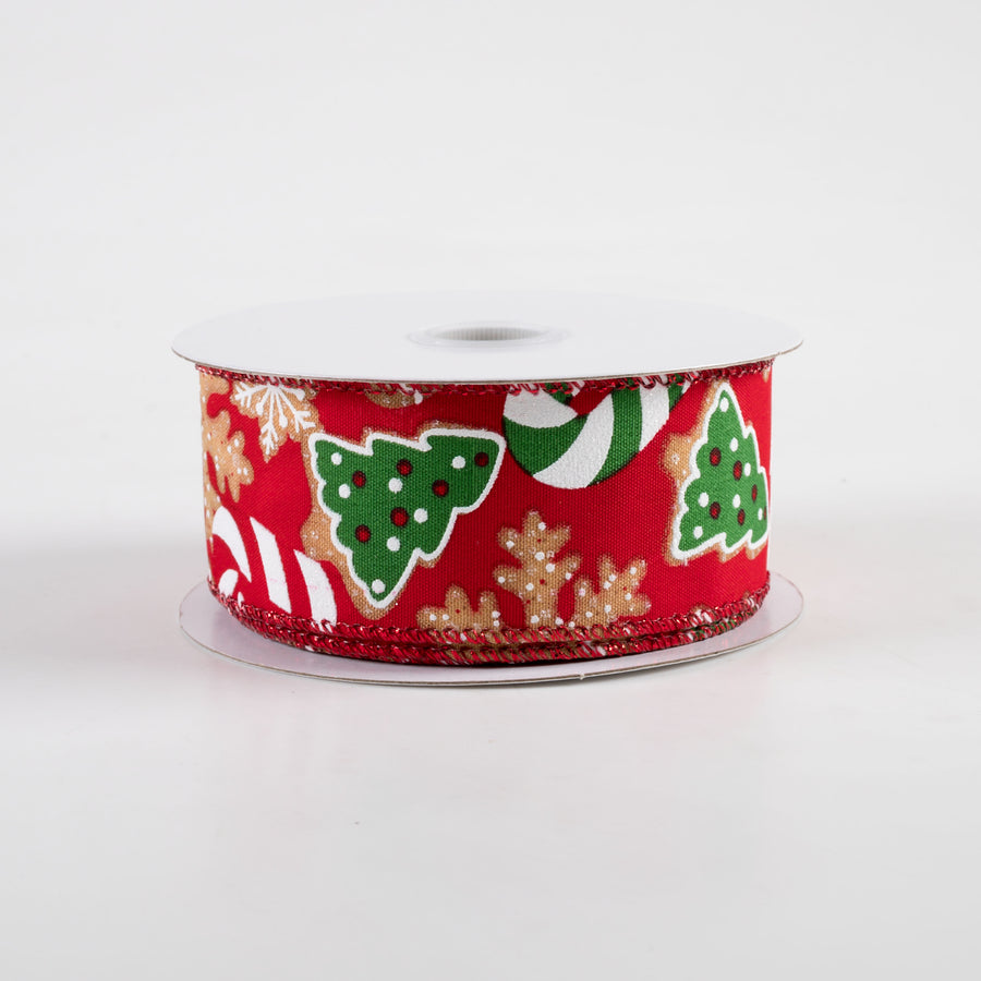 1.5" Gingerbread Cookies Candy Cane Ribbon: Red (10 Yards)