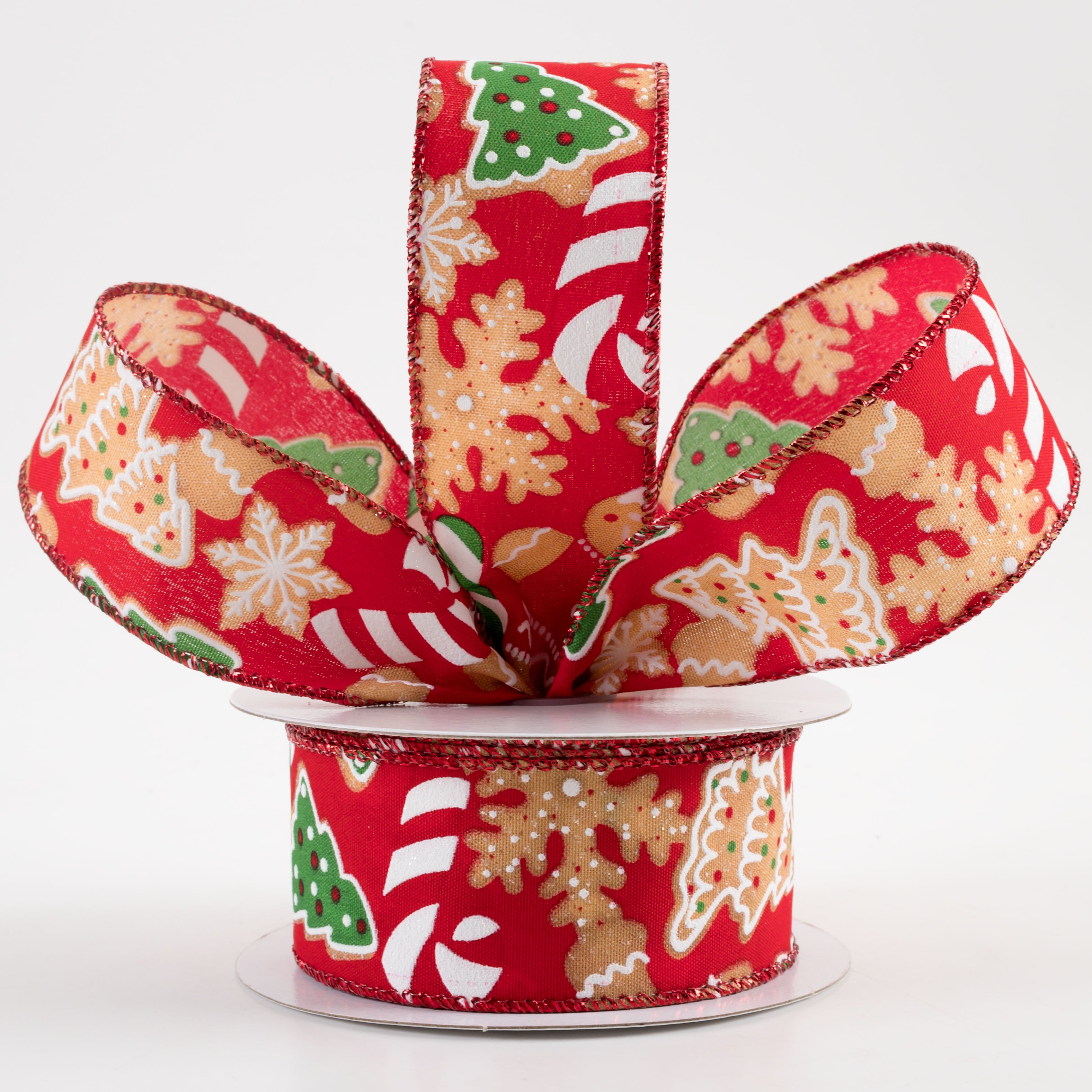 1.5" Gingerbread Cookies Candy Cane Ribbon: Red (10 Yards)