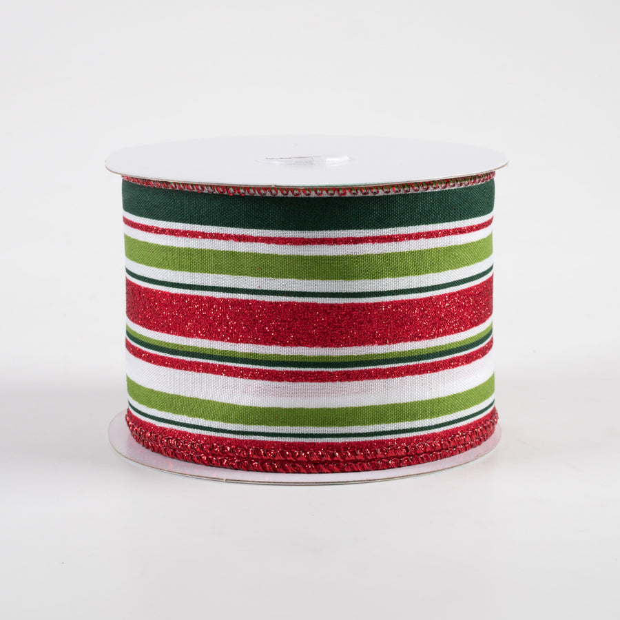 2.5" Vertical Stripes Ribbon: White, Green, Red Glitter (10 Yards)