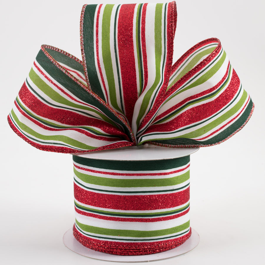 2.5" Vertical Stripes Ribbon: White, Green, Red Glitter (10 Yards)