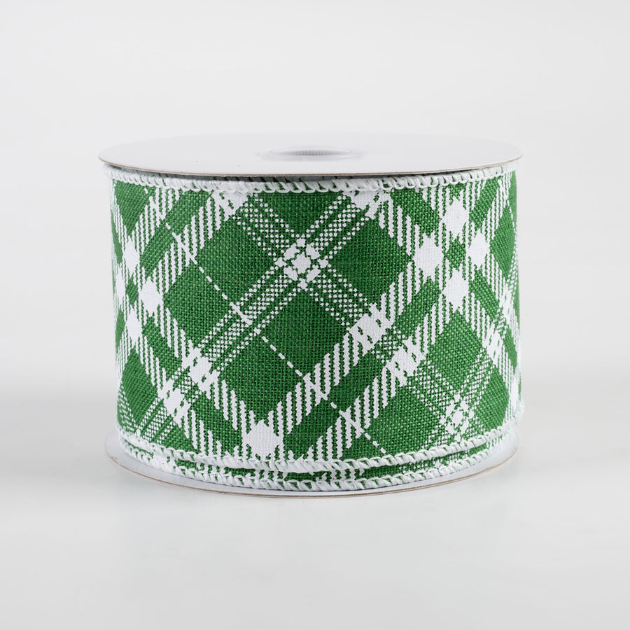 2.5" Linen Hazel Diagonal Plaid Ribbon: Green (10 Yards)