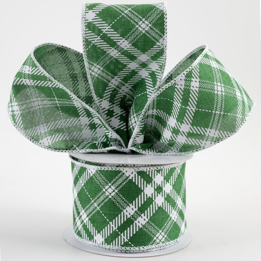 2.5" Linen Hazel Diagonal Plaid Ribbon: Green (10 Yards)