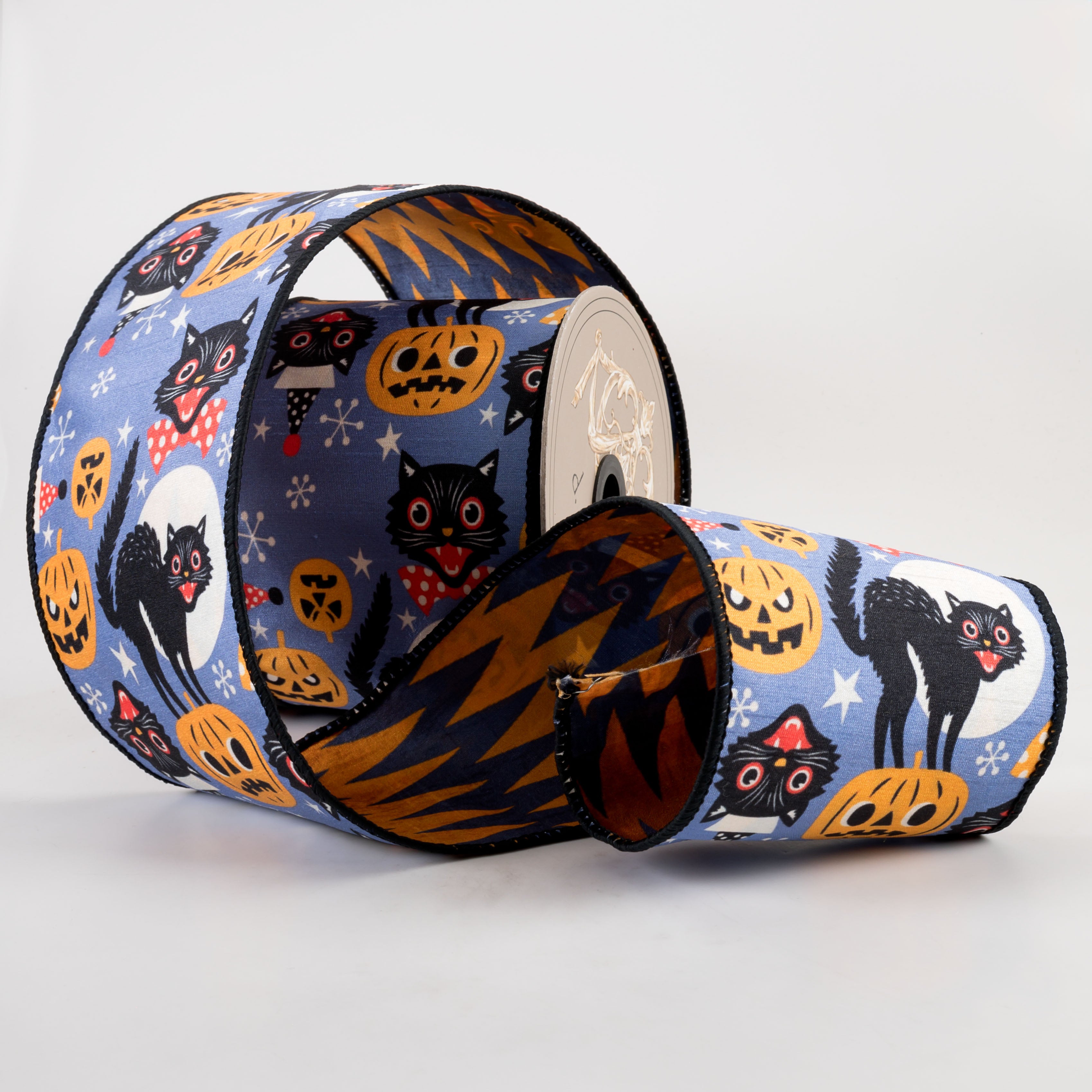[D Stevens] 4" Dupioni Vintage Halloween Icons with Chevron Backing Ribbon (10 Yards)