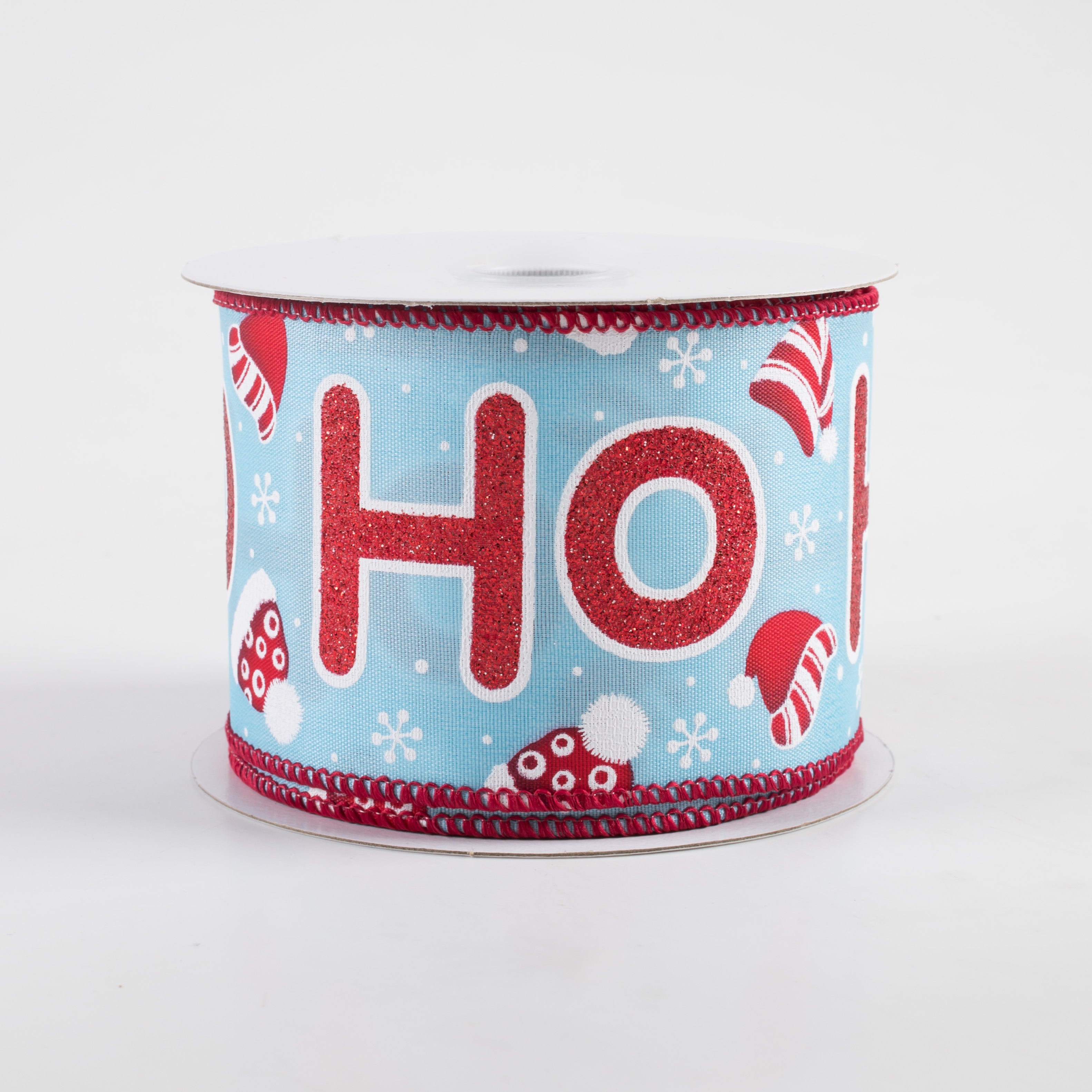 2.5" Glitter Ho Ho Ho & Santa Hats Ribbon: Light Blue (10 Yards)
