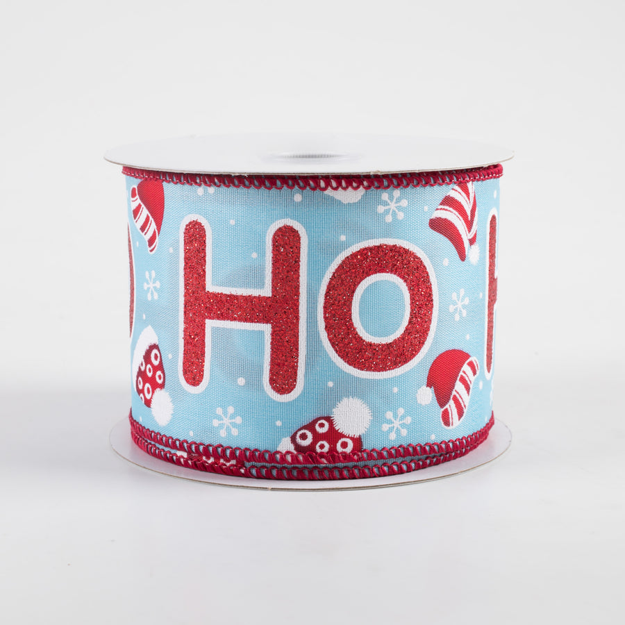 2.5" Glitter Ho Ho Ho & Santa Hats Ribbon: Light Blue (10 Yards)