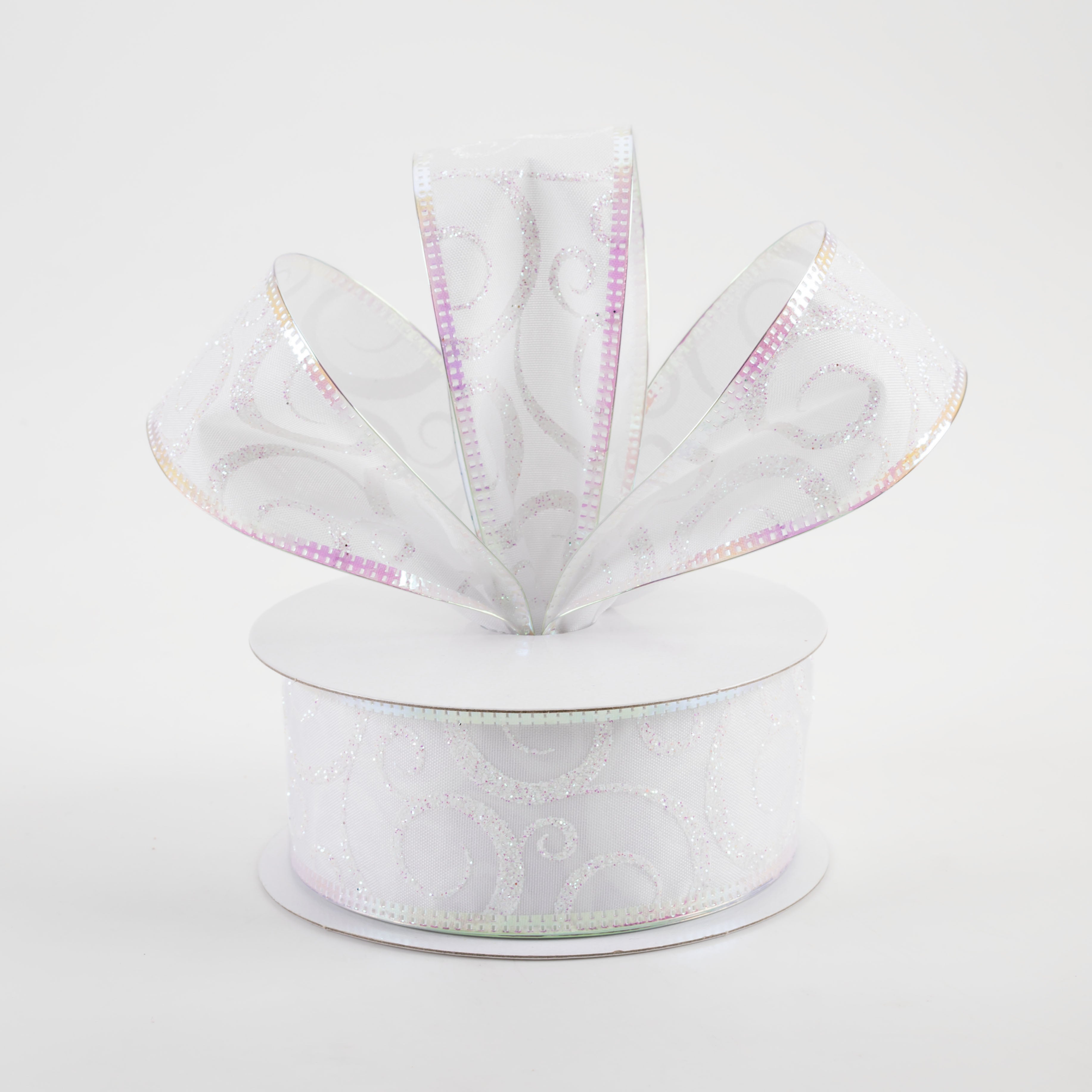 1.5" Satin Swirl Metallic Edge Ribbon: White & Iridescent (10 Yards)