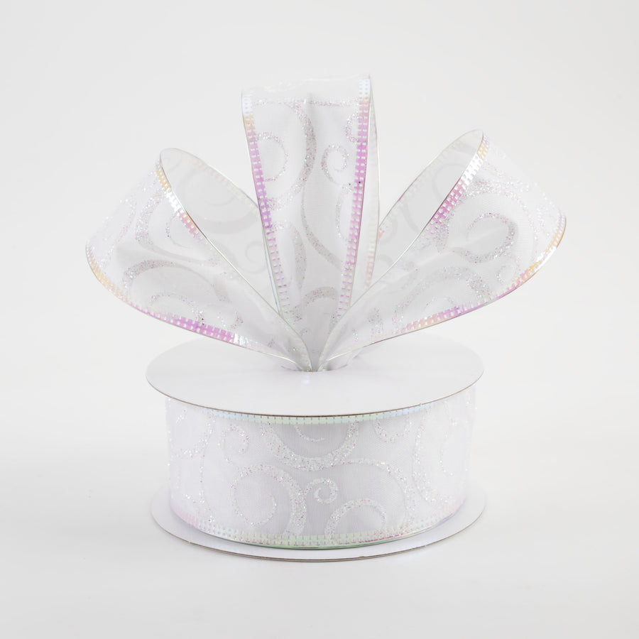 1.5" Satin Swirl Metallic Edge Ribbon: White & Iridescent (10 Yards)